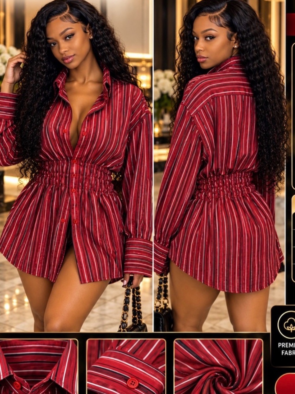 Striped Red Shirtdress with Cinched Waist